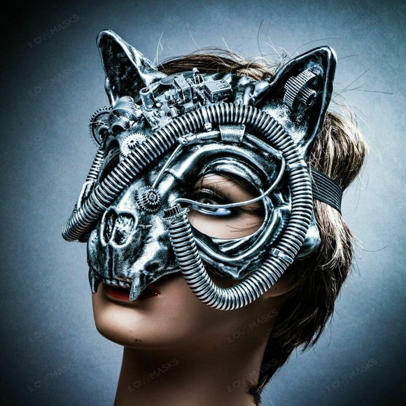 Silver Steampunk Vampire Skull Cat Face Party Mask - Picture 3 of 8